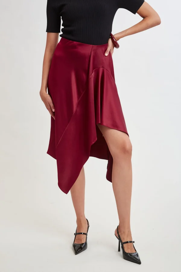 Elie Tahari Bottoms-Asymmetric Hem Satin Midi Skirt