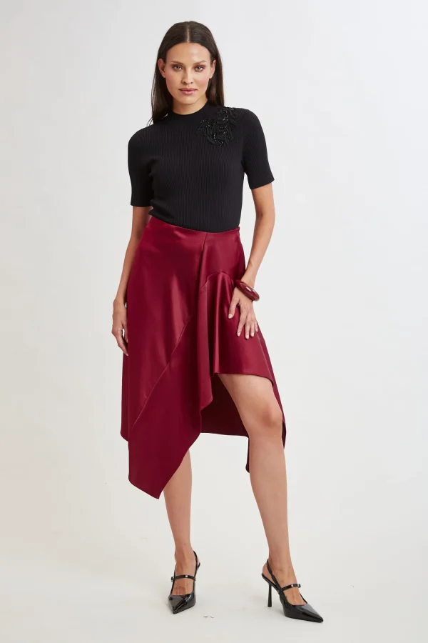 Elie Tahari Bottoms-Asymmetric Hem Satin Midi Skirt