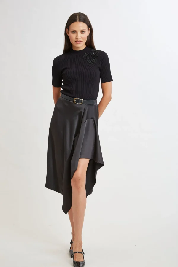 Elie Tahari Bottoms-Asymmetric Hem Satin Midi Skirt