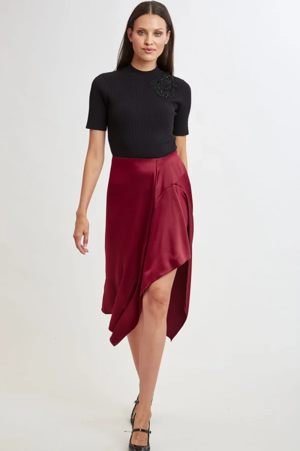 Elie Tahari Bottoms-Asymmetric Hem Satin Midi Skirt