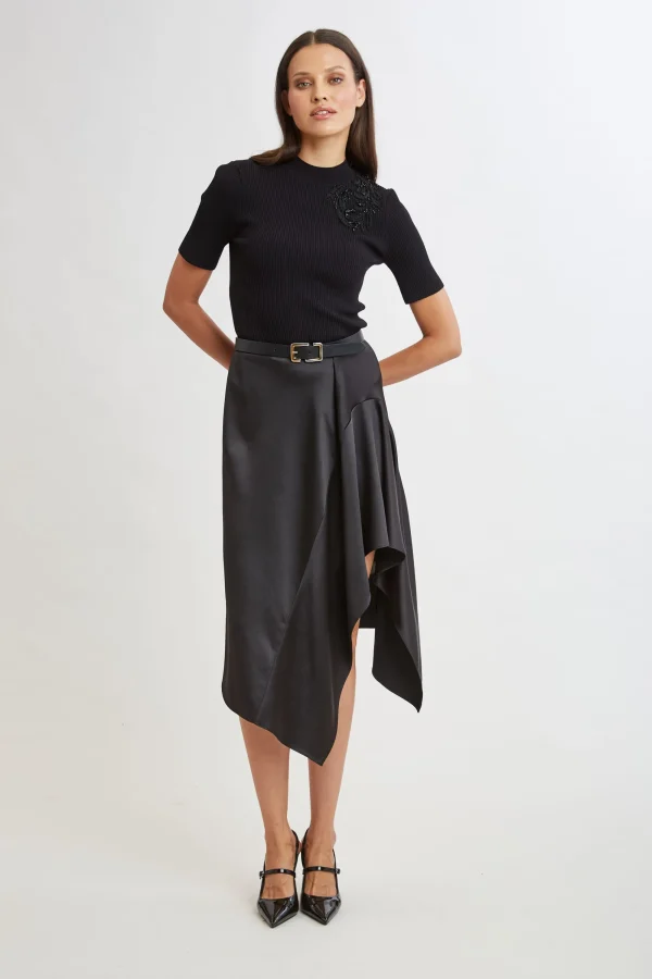 Elie Tahari Bottoms-Asymmetric Hem Satin Midi Skirt