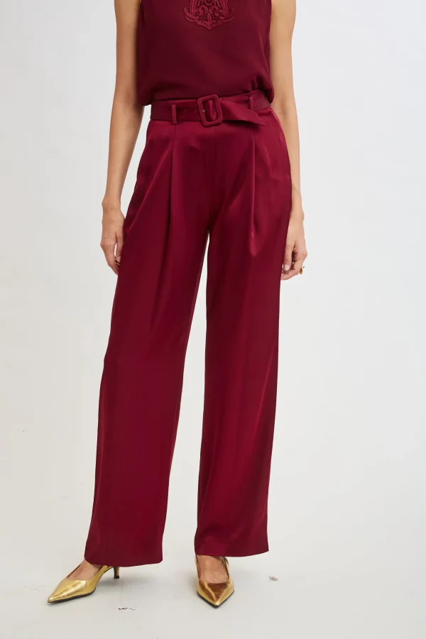 Elie Tahari Bottoms-Belted Satin Pleated Pant