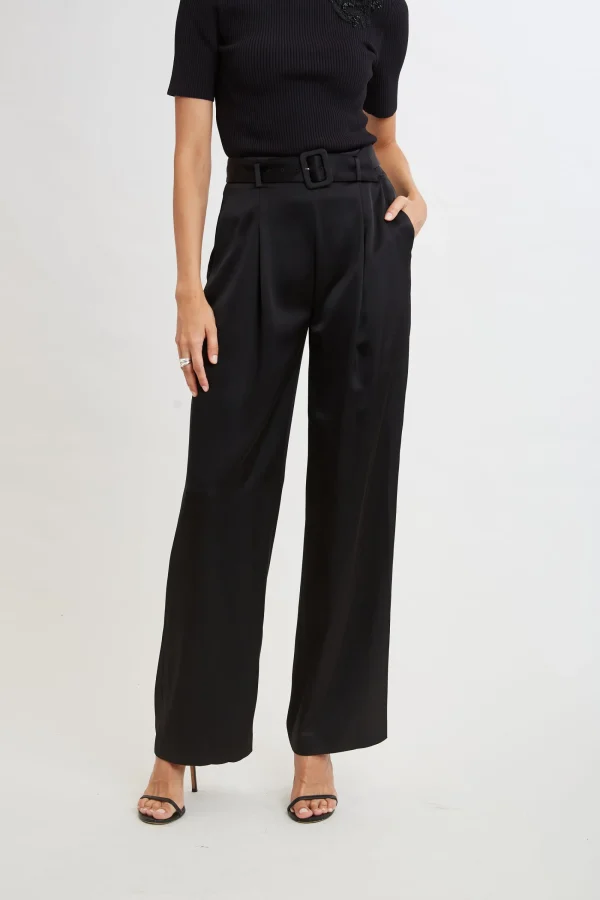 Elie Tahari Bottoms-Belted Satin Pleated Pant