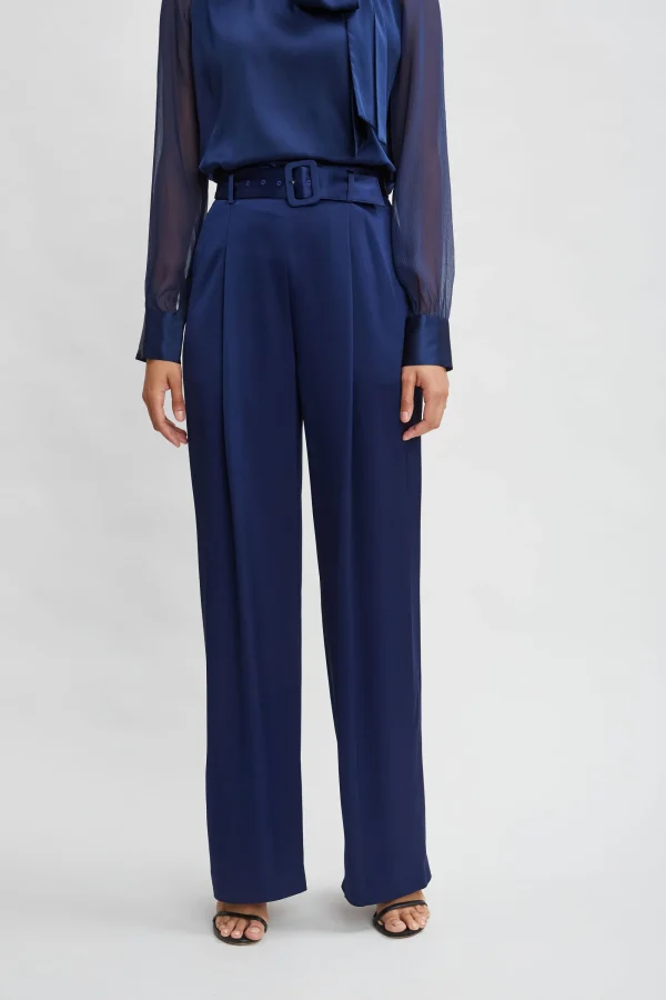 Elie Tahari Bottoms-Belted Satin Pleated Pant