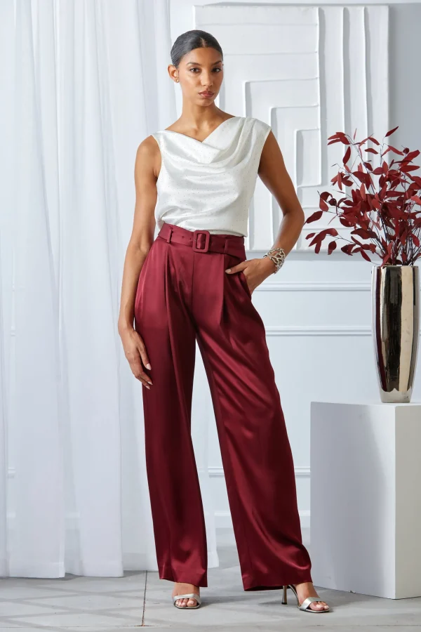 Elie Tahari Bottoms-Belted Satin Pleated Pant