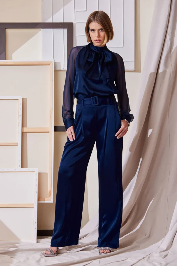 Elie Tahari Bottoms-Belted Satin Pleated Pant