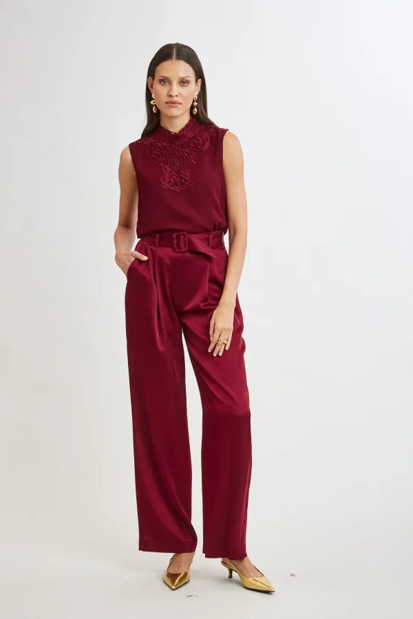 Elie Tahari Bottoms-Belted Satin Pleated Pant