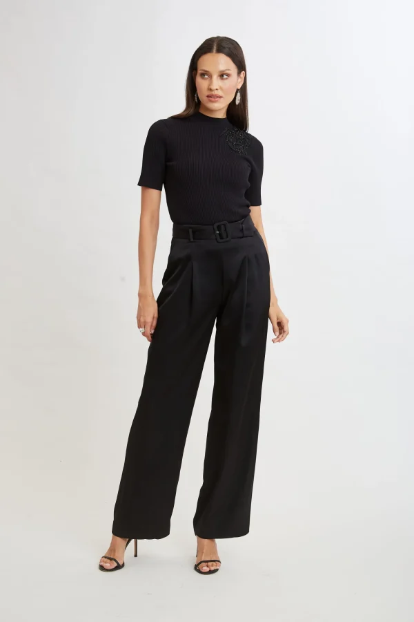 Elie Tahari Bottoms-Belted Satin Pleated Pant