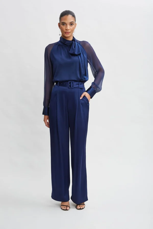 Elie Tahari Bottoms-Belted Satin Pleated Pant