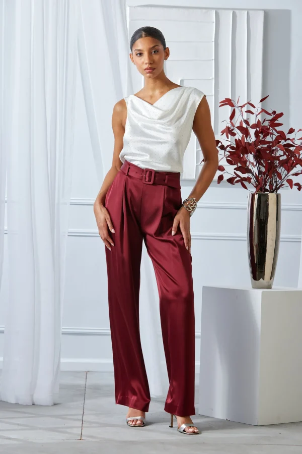 Elie Tahari Bottoms-Belted Satin Pleated Pant