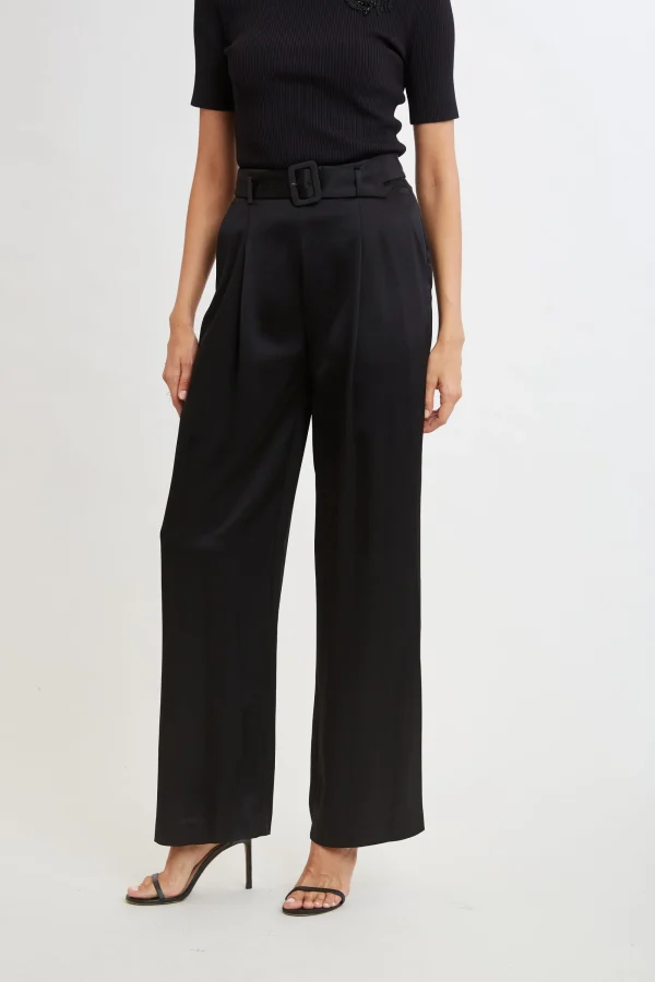 Elie Tahari Bottoms-Belted Satin Pleated Pant