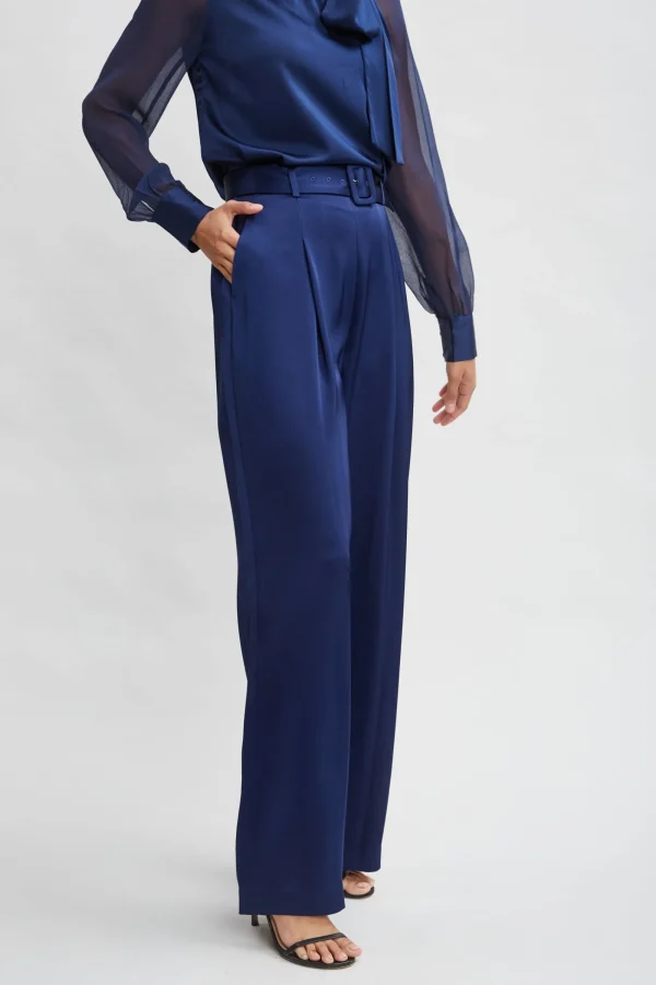 Elie Tahari Bottoms-Belted Satin Pleated Pant