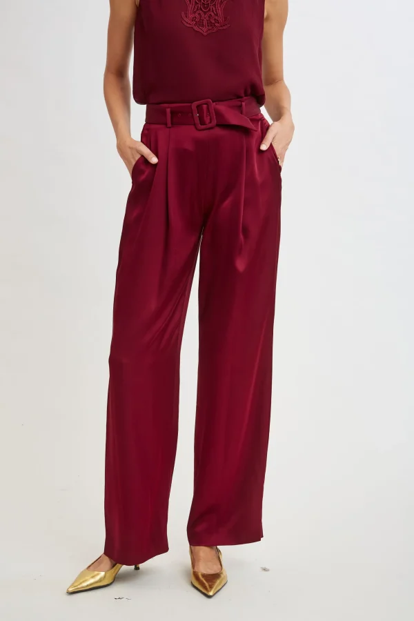 Elie Tahari Bottoms-Belted Satin Pleated Pant