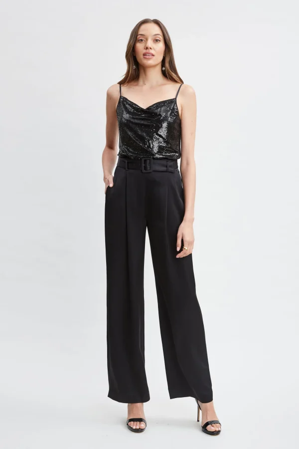 Elie Tahari Bottoms-Belted Satin Pleated Pant