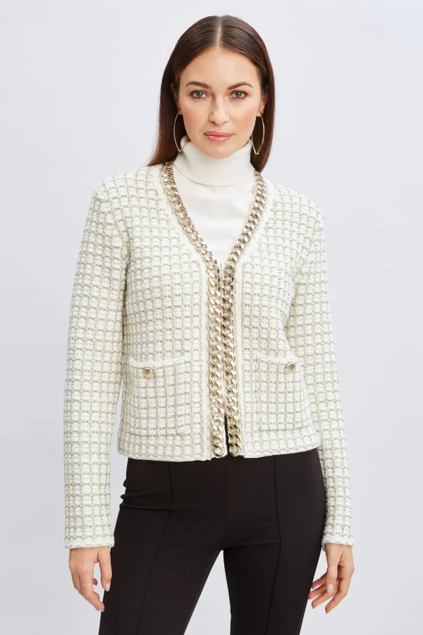 Elie Tahari Tops & Sweaters | Suiting-Chain Trim Metallic Cardigan