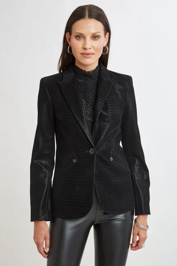 Elie Tahari Jackets & Blazers | Suiting-Croco Embossed Vegan Leather Panel Blazer