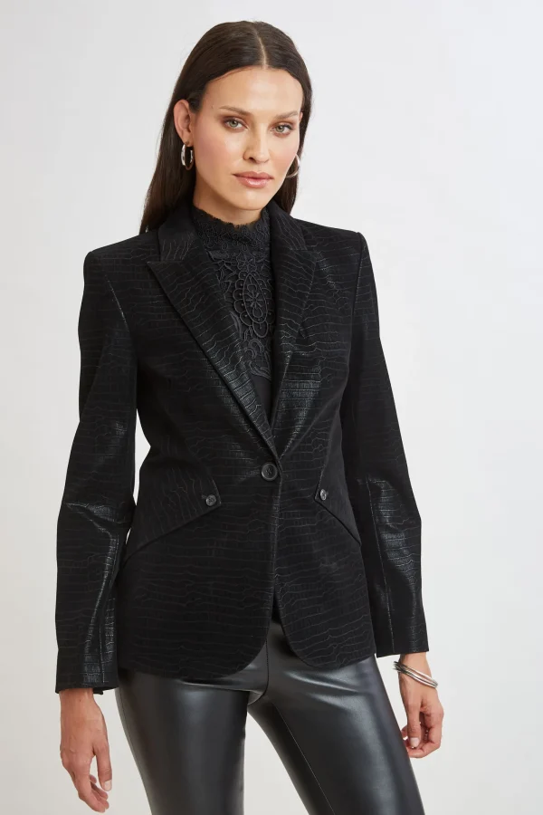 Elie Tahari Jackets & Blazers | Suiting-Croco Embossed Vegan Leather Panel Blazer