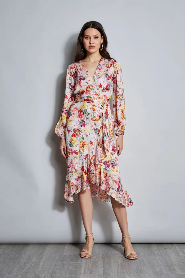 Elie Tahari Dresses & Jumpsuits | Long Sleeve Dresses-Embroidered Floral Wrap Dress