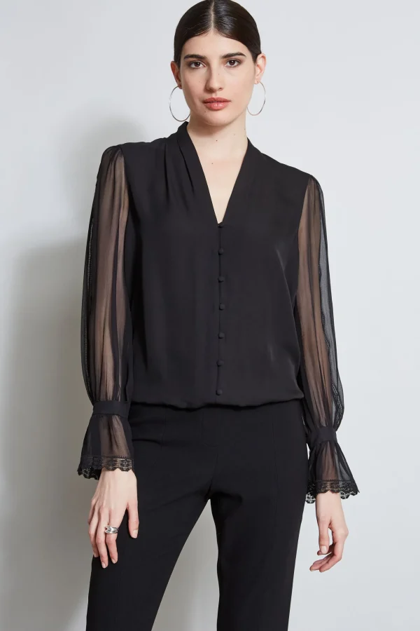 Elie Tahari Tops & Sweaters-Embroidered Sleeve Blouson Shirt