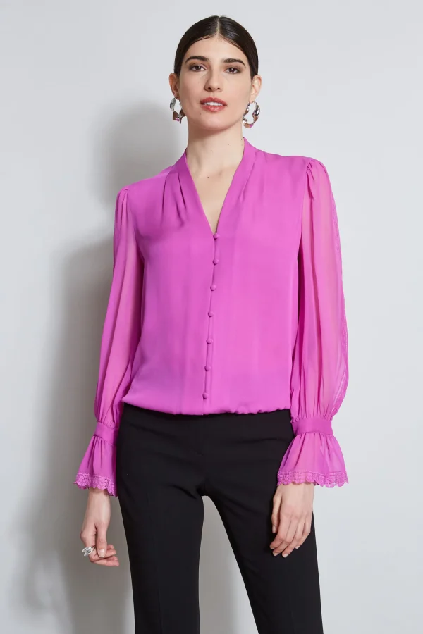 Elie Tahari Tops & Sweaters-Embroidered Sleeve Blouson Shirt