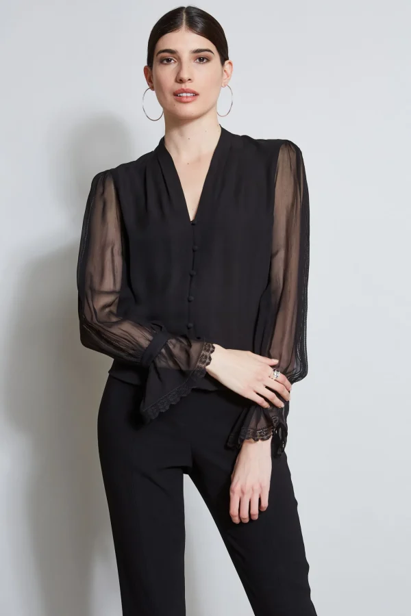 Elie Tahari Tops & Sweaters-Embroidered Sleeve Blouson Shirt