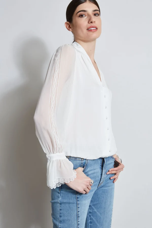 Elie Tahari Tops & Sweaters-Embroidered Sleeve Blouson Shirt