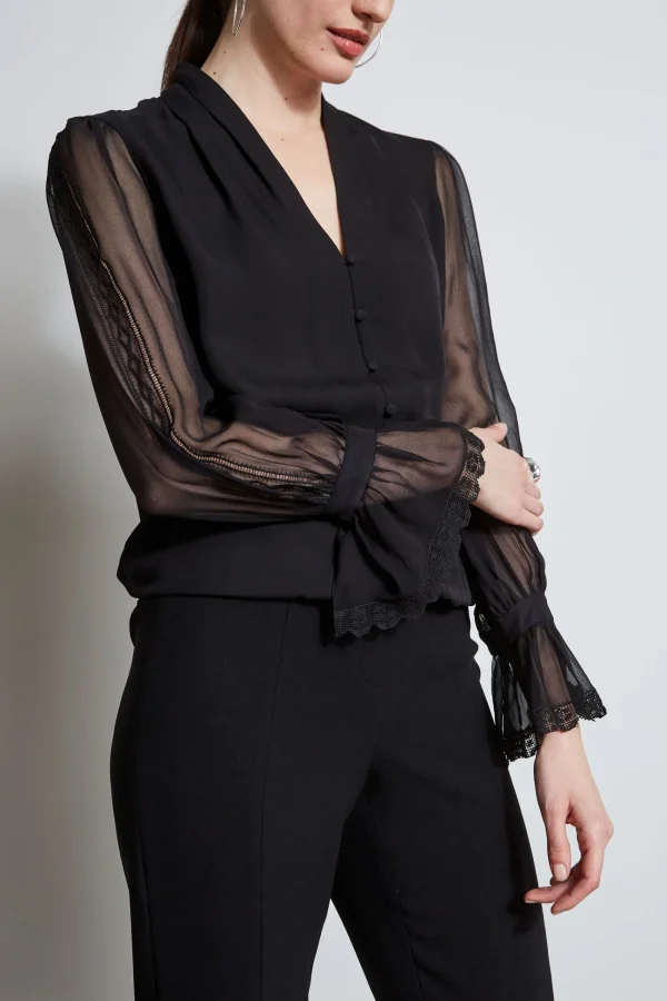 Elie Tahari Tops & Sweaters-Embroidered Sleeve Blouson Shirt