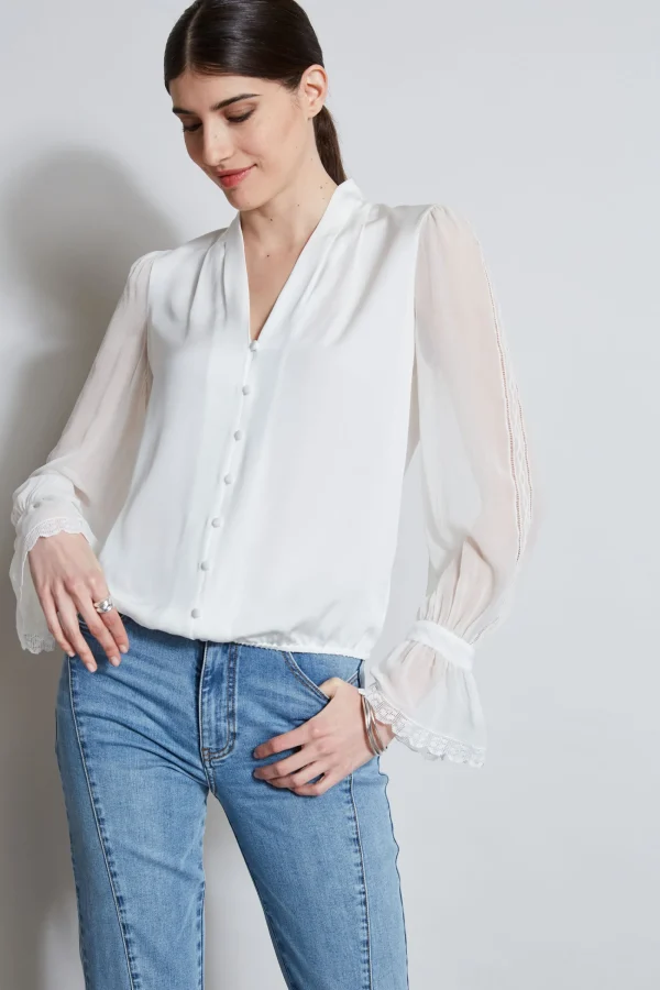 Elie Tahari Tops & Sweaters-Embroidered Sleeve Blouson Shirt