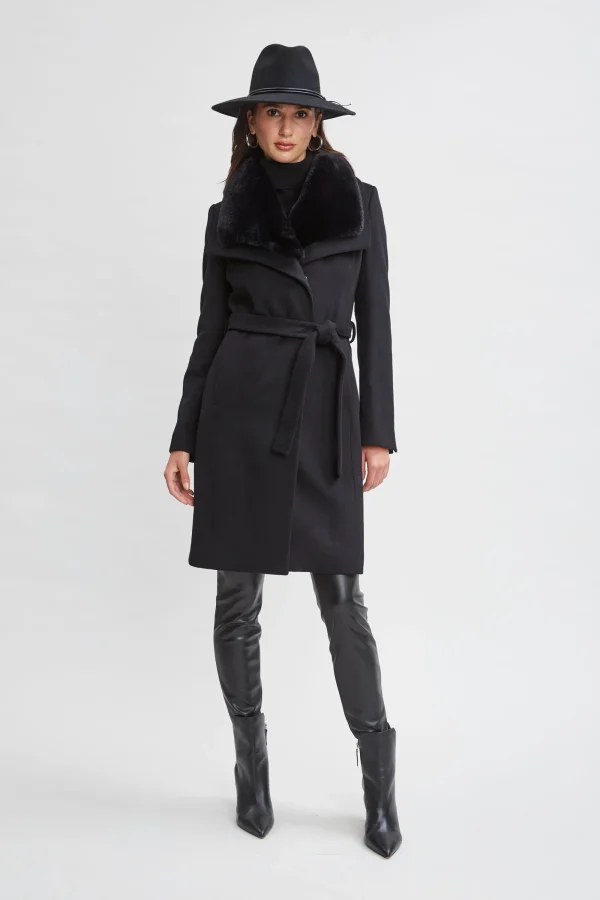 Elie Tahari Coats-Faux Fur Collar Wool Wrap Coat