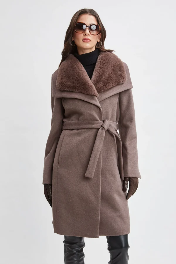 Elie Tahari Coats-Faux Fur Collar Wool Wrap Coat