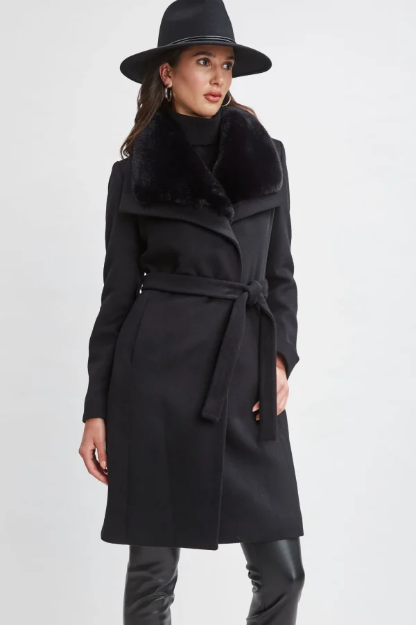 Elie Tahari Coats-Faux Fur Collar Wool Wrap Coat