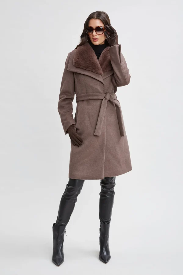 Elie Tahari Coats-Faux Fur Collar Wool Wrap Coat