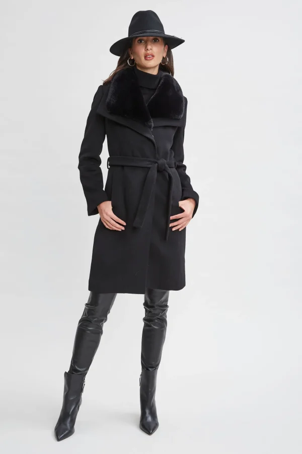 Elie Tahari Coats-Faux Fur Collar Wool Wrap Coat