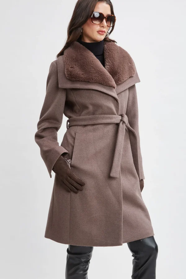 Elie Tahari Coats-Faux Fur Collar Wool Wrap Coat