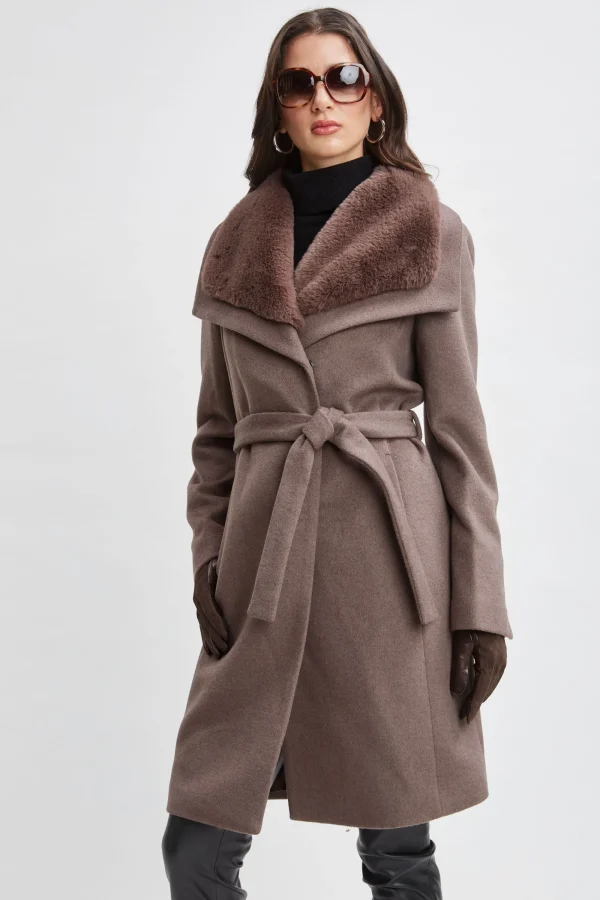 Elie Tahari Coats-Faux Fur Collar Wool Wrap Coat