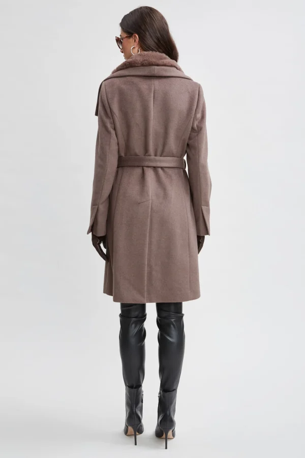 Elie Tahari Coats-Faux Fur Collar Wool Wrap Coat