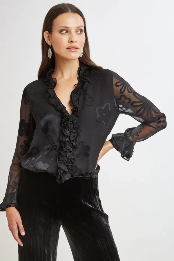 Elie Tahari Tops & Sweaters-Floral Satin Burnout Blouson Shirt