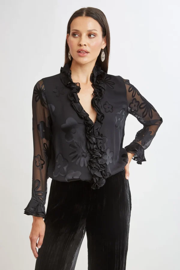 Elie Tahari Tops & Sweaters-Floral Satin Burnout Blouson Shirt