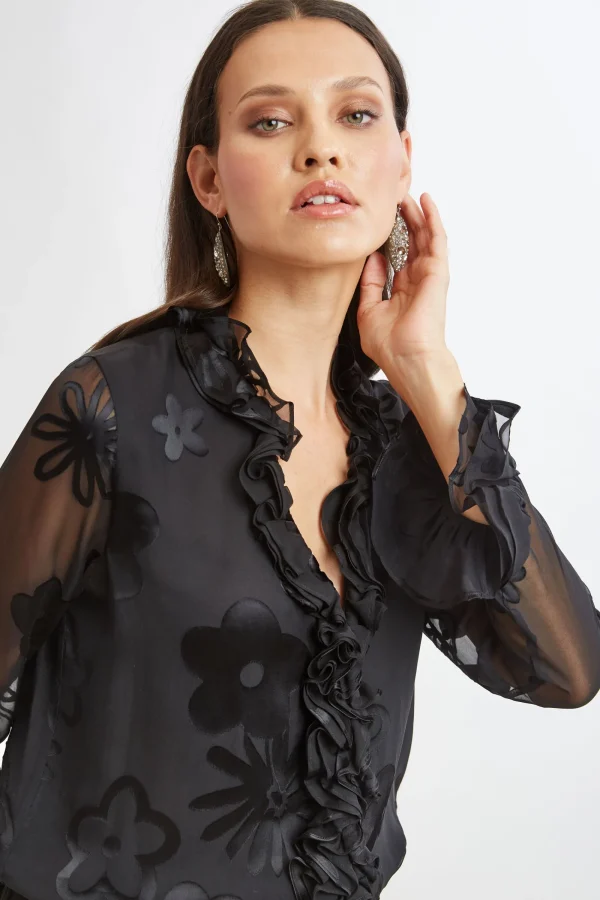 Elie Tahari Tops & Sweaters-Floral Satin Burnout Blouson Shirt