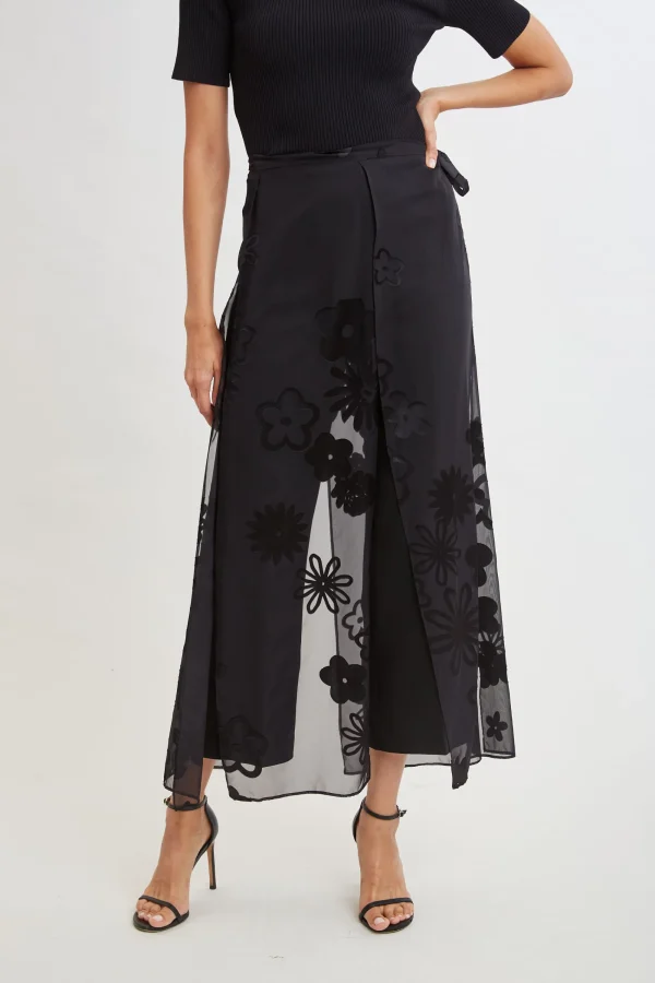 Elie Tahari Bottoms-Floral Satin Burnout Overlay Pant