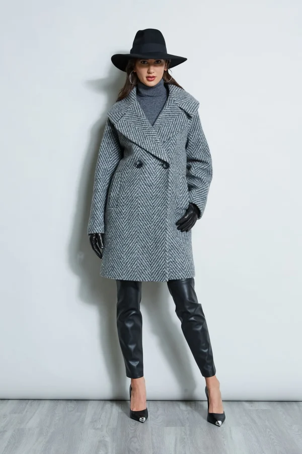 Elie Tahari Coats-Herringbone Brushed Double Breasted Coat