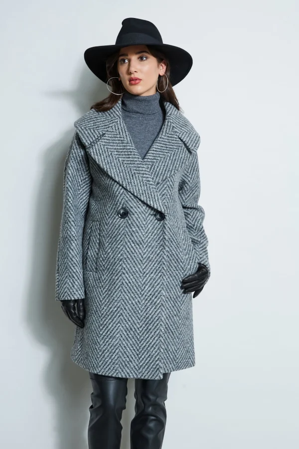 Elie Tahari Coats-Herringbone Brushed Double Breasted Coat