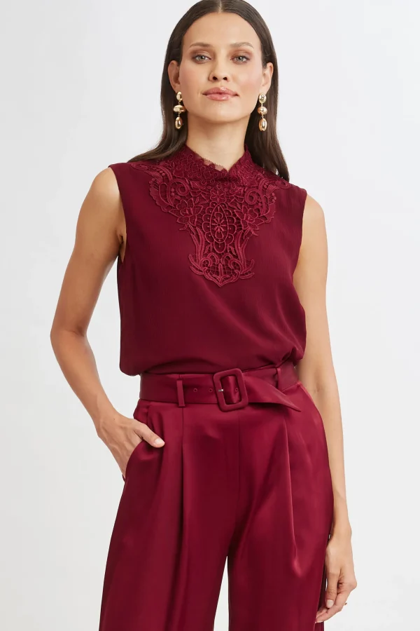 Elie Tahari Tops & Sweaters-Lace Insert Crinkle Silk Chiffon Shirt