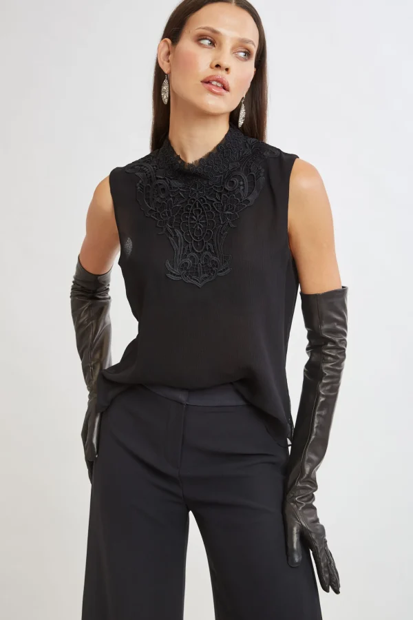 Elie Tahari Tops & Sweaters-Lace Insert Crinkle Silk Chiffon Shirt