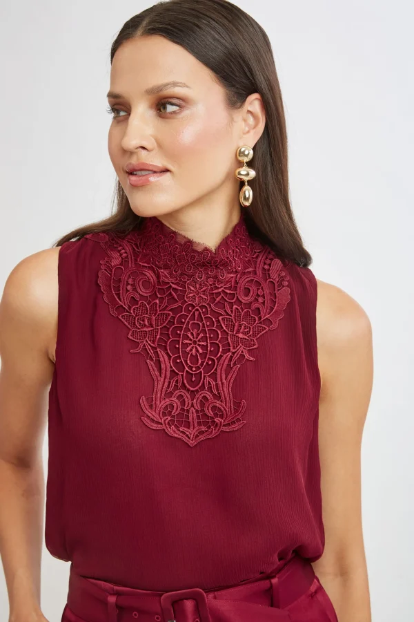 Elie Tahari Tops & Sweaters-Lace Insert Crinkle Silk Chiffon Shirt