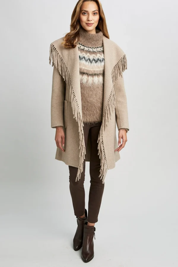 Elie Tahari Coats-Long Sleeve Fringe Detail Wrap Coat