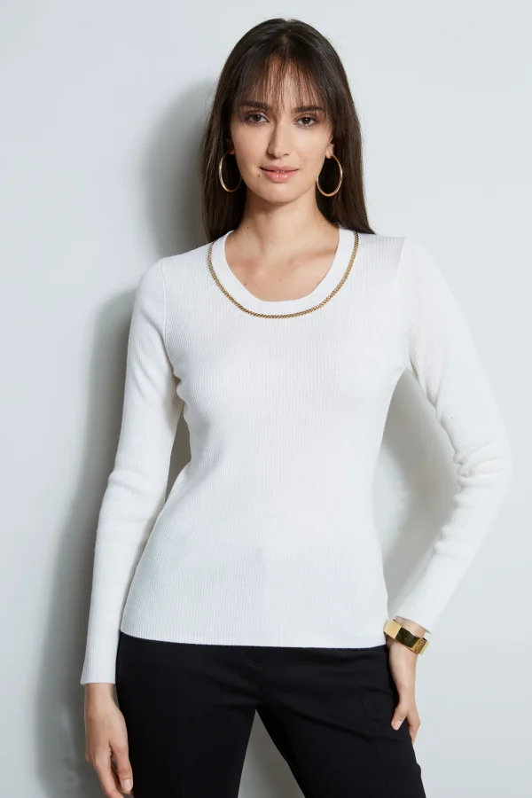 Elie Tahari Tops & Sweaters-Merino Rib Chain Detail Sweater