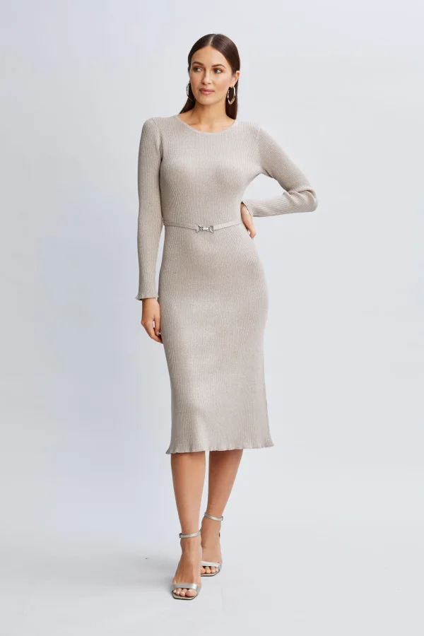 Elie Tahari Dresses & Jumpsuits-Metallic Belted Sweater Dress