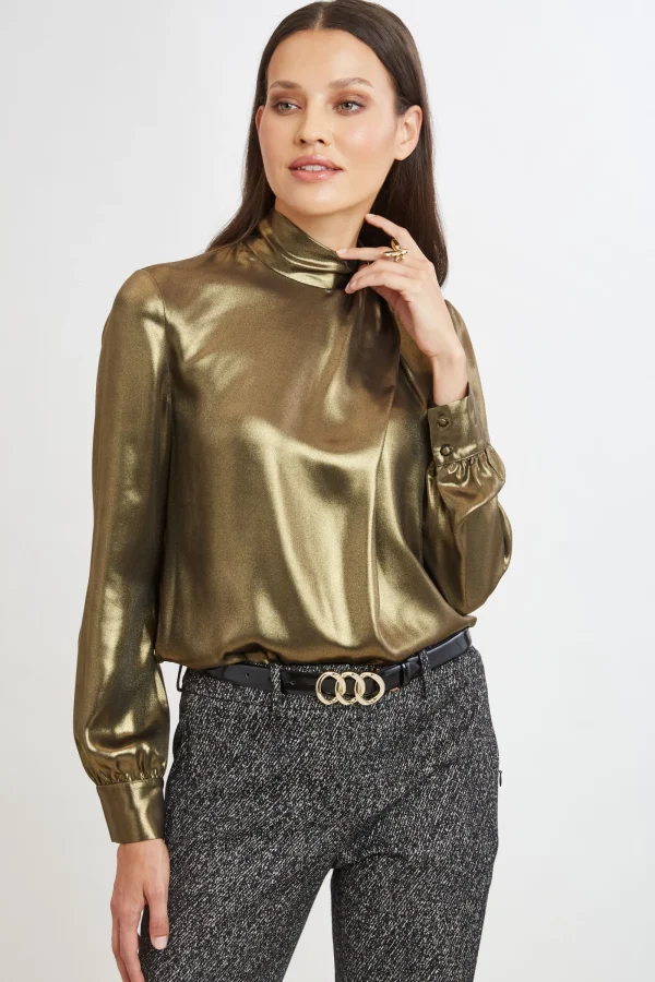 Elie Tahari Tops & Sweaters-Metallic Draped Neck Shirt