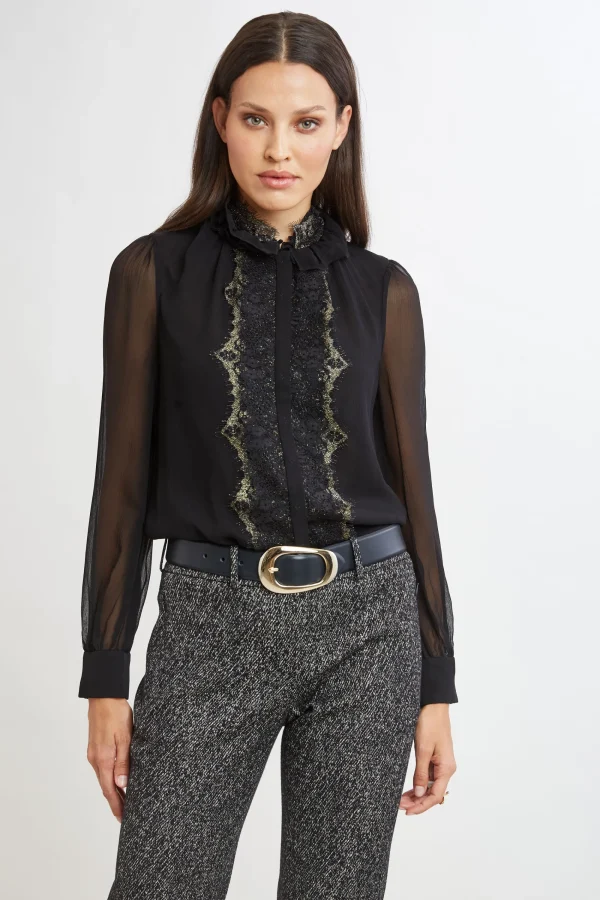 Elie Tahari Tops & Sweaters | Suiting-Metallic Lace Trim Silk Shirt